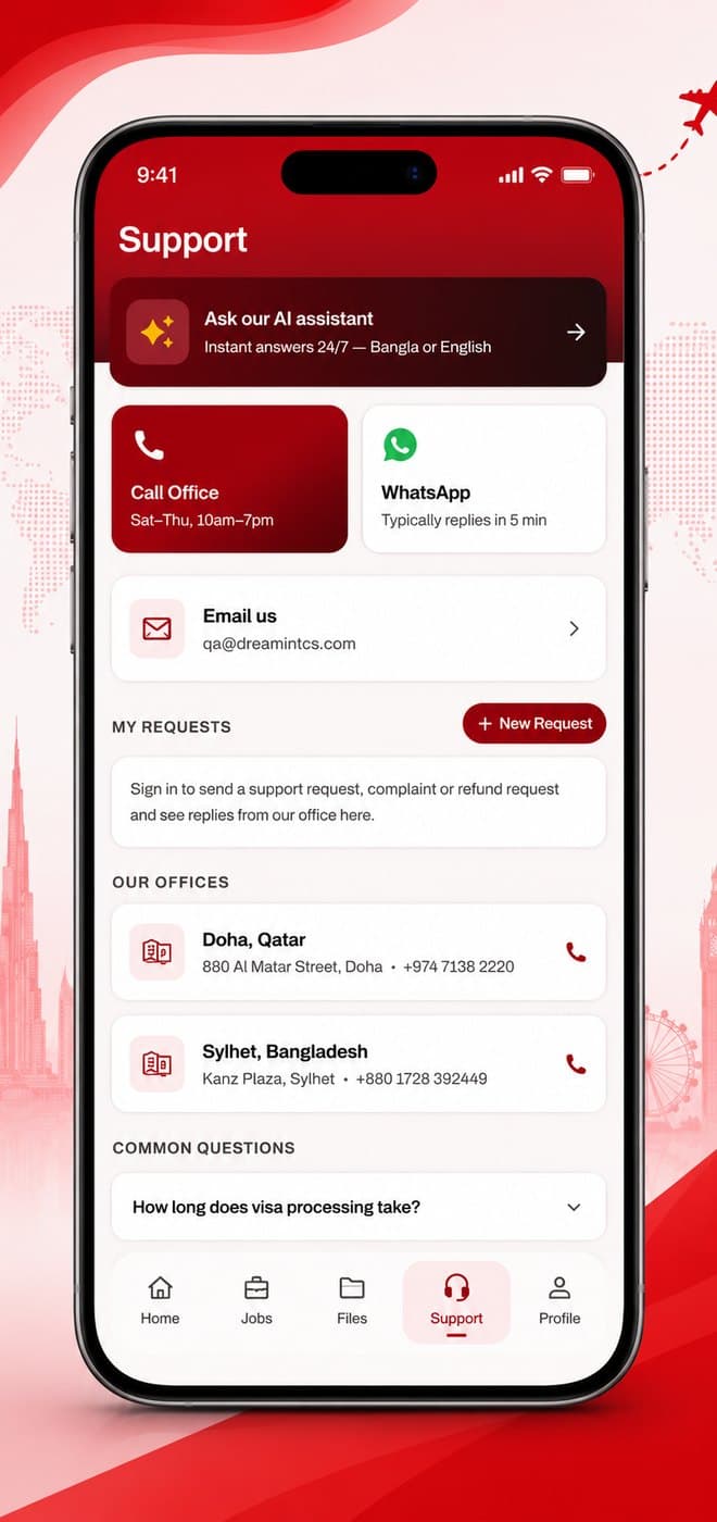 Support — AI assistant, WhatsApp, and both office numbers.