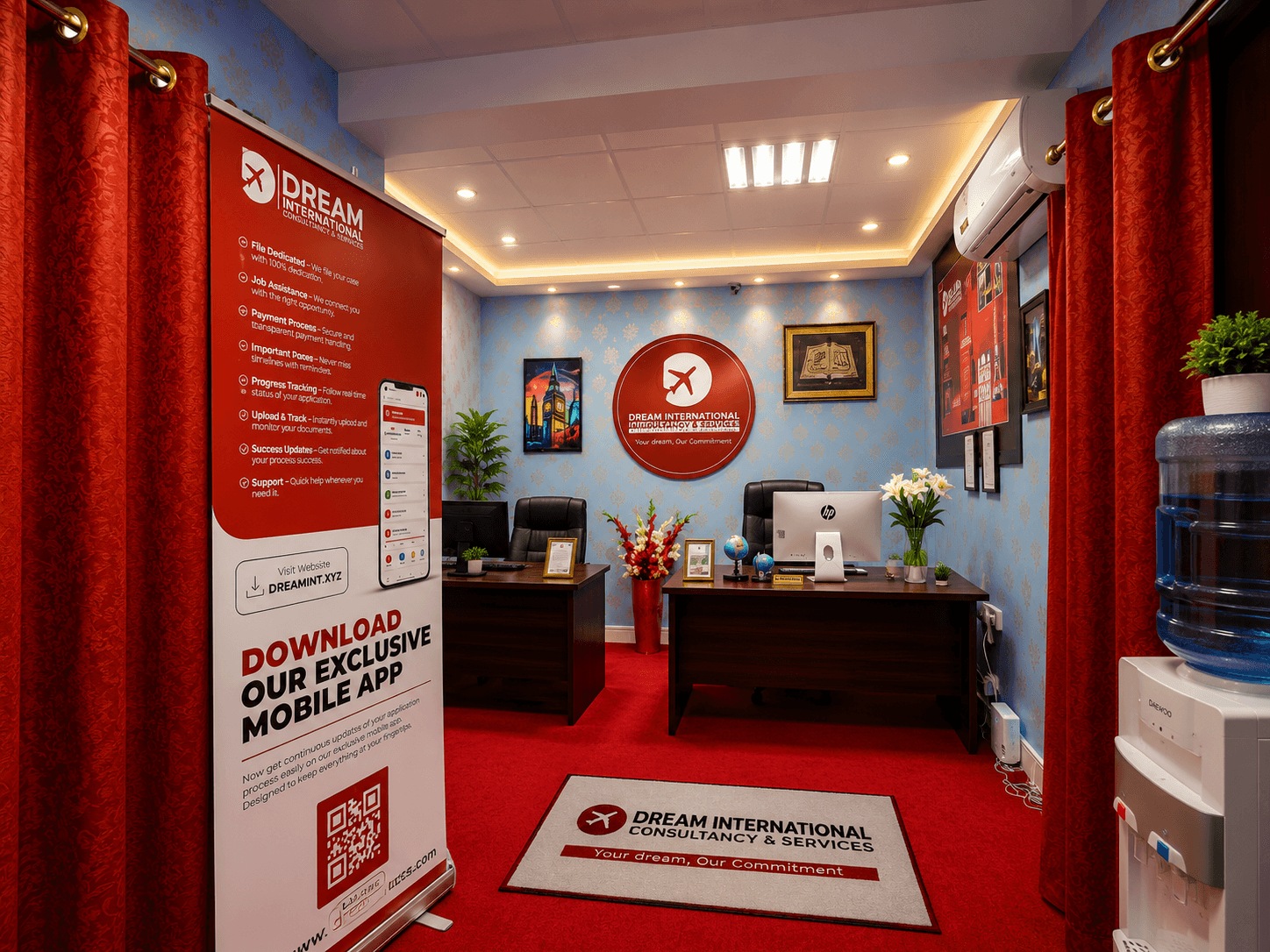 Dream International office — red-carpet reception with branded standee